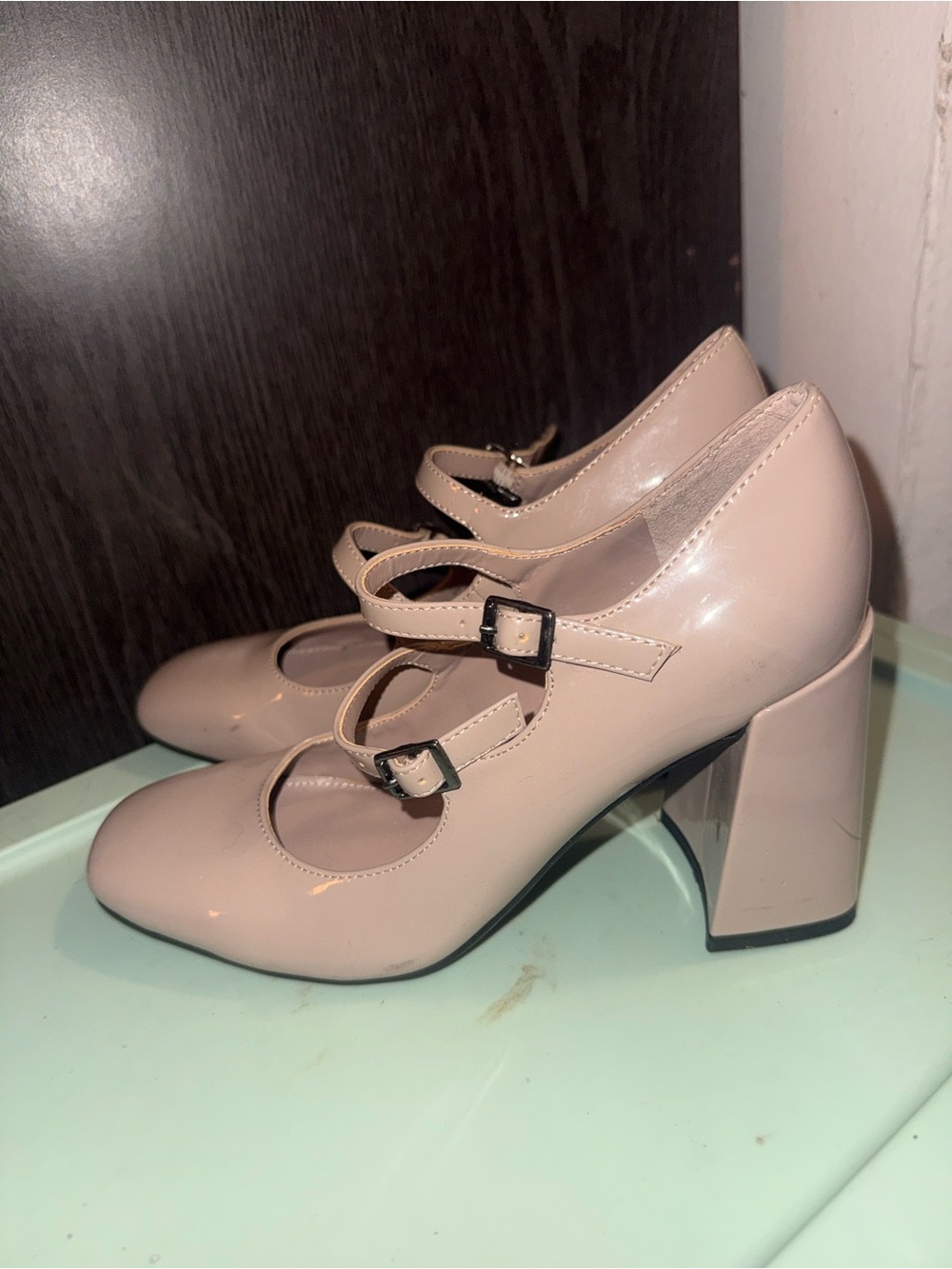 Women’s Blush Patent Mary Jane Block Heel Pumps